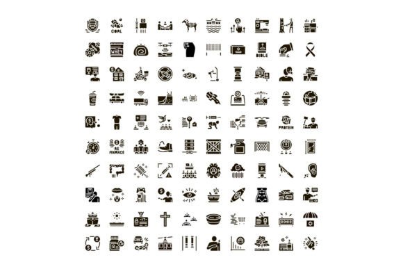 Diverse Black Glyph Icons Set Many Conce: Minimal Vector Silhouettes for Purpose-Driven Design